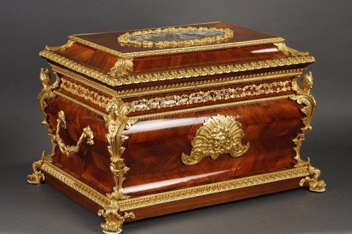 Antiquités - Très grand coffre en palissandre, bronze doré et porcelaine Napoléon III