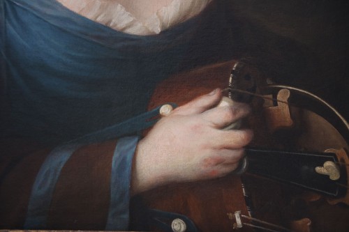 Tableaux et dessins  - Portrait représentant une femme élégante jouant de la vielle à roue