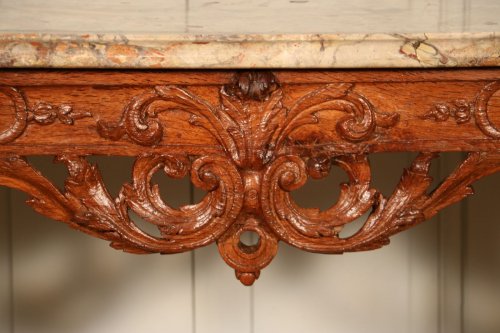 Table console d'époque Régence en chêne et marbre Sarrancolin - Mobilier Style Régence