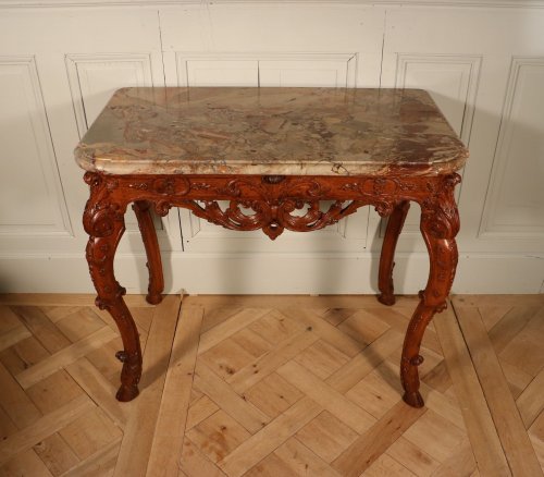 XVIIIe siècle - Table console d'époque Régence en chêne et marbre Sarrancolin