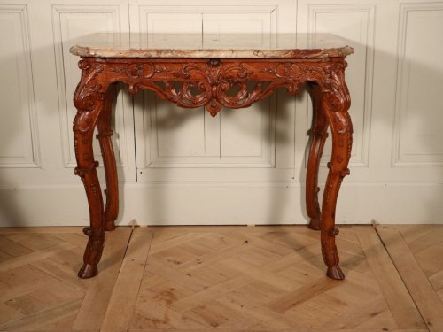 Antiquités - Table console d'époque Régence en chêne et marbre Sarrancolin