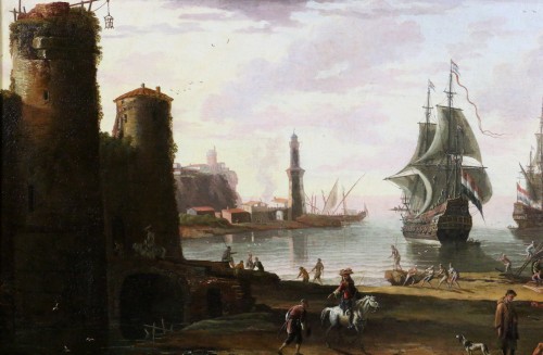 Marine, entrée du port de Rome au XVIIIè, attribué à  Adriaen Manglard (1695-1760)  - Galerie PhC