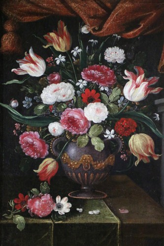 Andries Daniels (1580 – 1640) et atelier - Riche bouquet de fleurs dans un vase - Tableaux et dessins Style Louis XIII