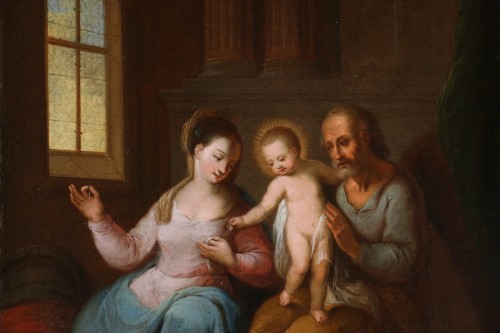 Tableaux et dessins Tableaux XVIIe siècle - Ecole flamande du 17e siècle monogrammée - La sainte famille dans un intérieur
