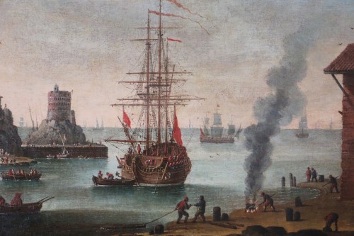 Paysage maritime animé - attribué à Alessandro Grevenbroeck - Tableaux et dessins Style Louis XIV