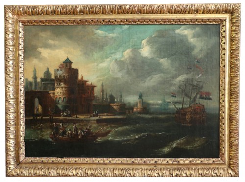 Marine aux portes d'une ville byzantine - Ecole hollandaise du 17è siècle attribuée à Cornelis de Wael (1592, 1667) et atelier