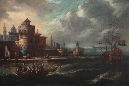 Marine aux portes d'une ville byzantine - Ecole hollandaise du 17è siècle attribuée à Cornelis de Wael (1592, 1667) et atelier - Tableaux et dessins Style Louis XIII
