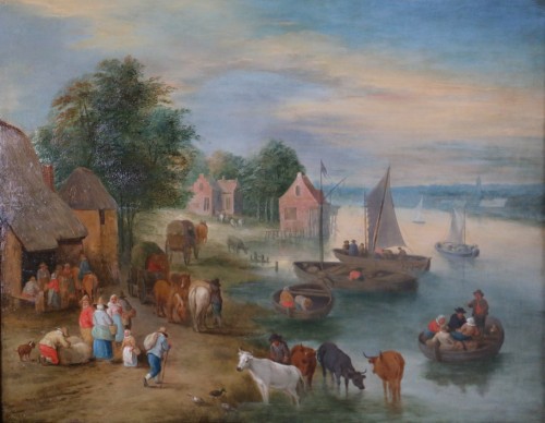 Theobald Michau (1676- 1765) - Scène villageoise sur les rives d'un fleu - Tableaux et dessins Style Louis XV
