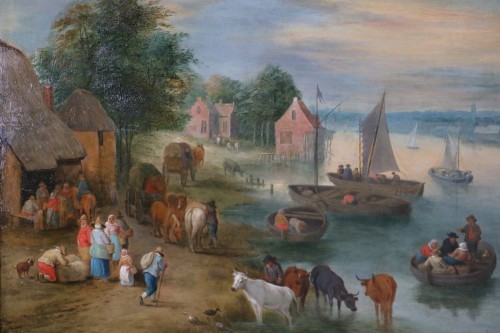 Tableaux et dessins Tableaux XVIIIe siècle - Theobald Michau (1676- 1765) - Scène villageoise sur les rives d'un fleu