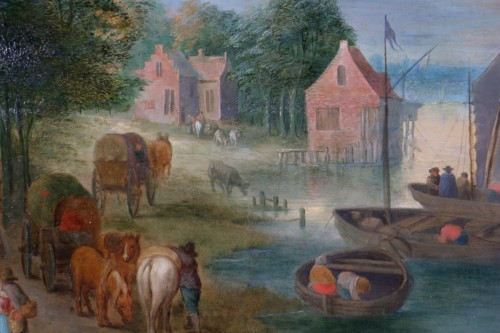 XVIIIe siècle - Theobald Michau (1676- 1765) - Scène villageoise sur les rives d'un fleu