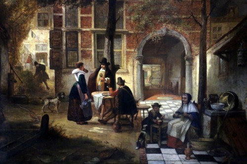 Hendrik Leys (1815-1869) - Scène de vie dans une courée de Flandres. - Tableaux et dessins Style Louis-Philippe