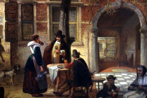 Tableaux et dessins Tableaux XIXe siècle - Hendrik Leys (1815-1869) - Scène de vie dans une courée de Flandres.