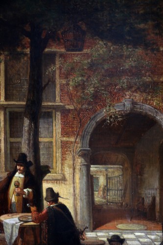 XIXe siècle - Hendrik Leys (1815-1869) - Scène de vie dans une courée de Flandres.