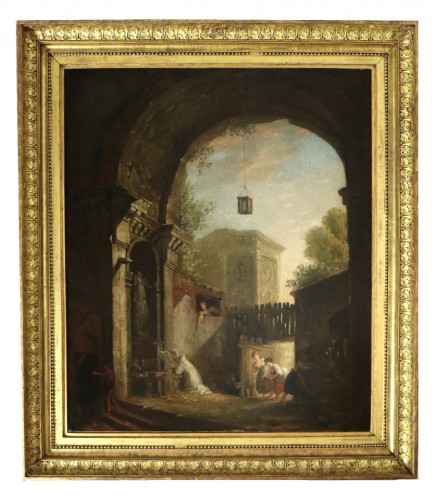 Le moine et les 4 jeunes femmes dans une ruine - Attribué à Hubert Robert (1733-1808) et son atelier