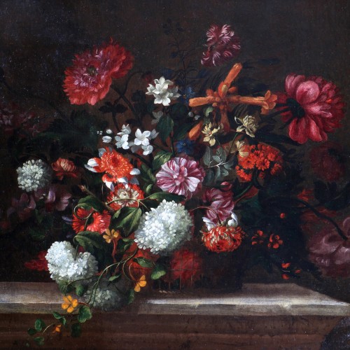 Bouquet de fleurs sur un entablement - Jean Baptiste Monnoyer (1636 - 1699) - Tableaux et dessins Style Louis XIV