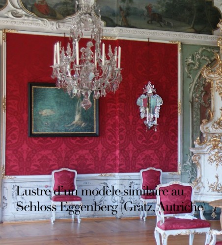 Antiquités - Autriche. Lustre cage à huit lumières en fer argenté et cristal du 19e siècle