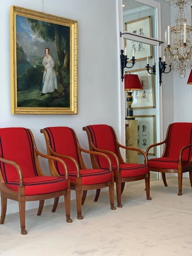 Suite de quatre fauteuils en acajou d'époque Consulat, estampillés Demay - Sièges Style Empire