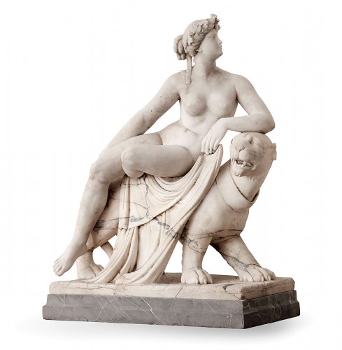 Sculpture en marbres italiens "Ariane sur sa panthère", époque Empire