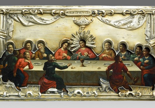 Art sacré, objets religieux  - Icône la cène, Moscou 1853 avec riza en argent doré