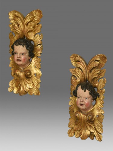 Paire de têtes d'anges rocailles vers 1680- 1700 - Sculpture Style Louis XIII
