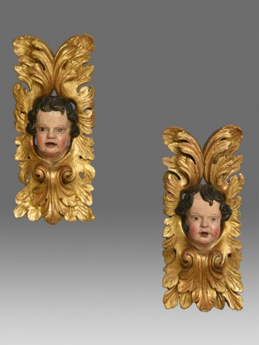 Antiquités - Paire de têtes d'anges rocailles vers 1680- 1700