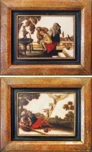 Paire de petites huiles sur albâtre, Sujets religieux - École française du 17e siècle