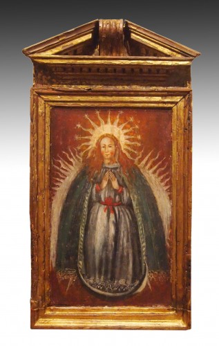 Art sacré, objets religieux  - Suite de trois huiles sur bois religieuses début 18e Siècle