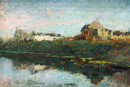 Maisons au bord d’une rivière - Alfred BASTIEN (1873-1955) - Tableaux et dessins Style 