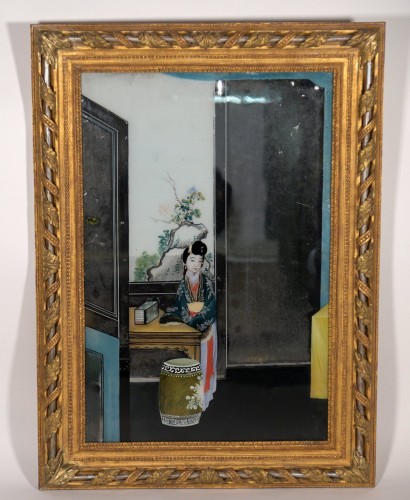 XIXe siècle - Peinture chinoise sous verre sur fond de miroir
