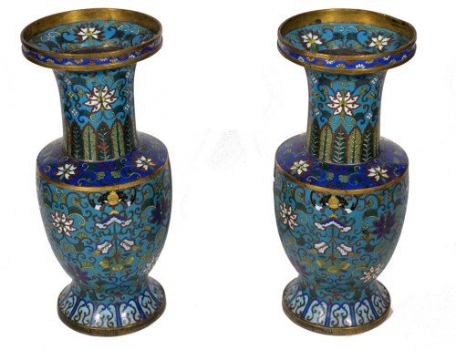 Antiquités - Paire de vases en bronze cloisonné 19e siècle montés en lampes