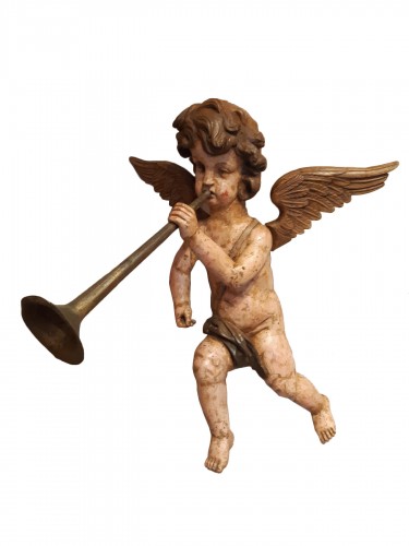 Ange en bois sculpté polychrome d'époque Louis XIV