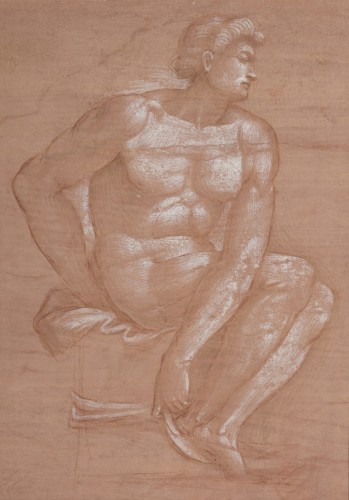 Tableaux et dessins Dessin, Aquarelle & Pastel - D’après Michelangelo BUONAROTTI (1475-1564)  Jeune homme nu assis