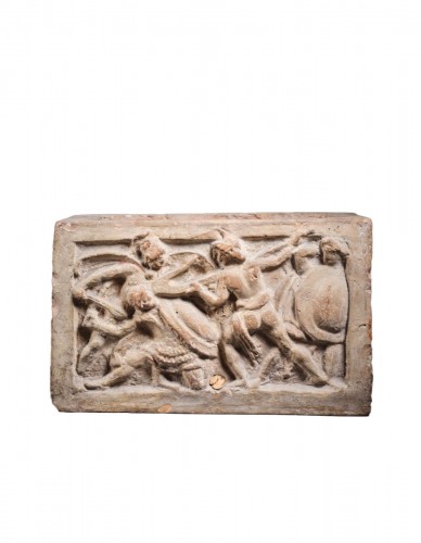 Urne cinéraire, Combat du héros à l'araire, Art Etrusque, IIe s. avant J.-C.