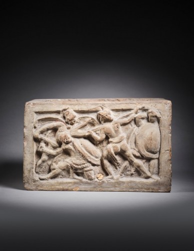 Urne cinéraire, Combat du héros à l'araire, Art Etrusque, IIe s. avant J.-C. - Archéologie Style 