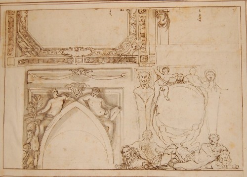 Tableaux et dessins Dessin, Aquarelle & Pastel - Giovanni Francesco GRIMALDI (1606 – 1680) - Projet de décor intérieur de palais romain