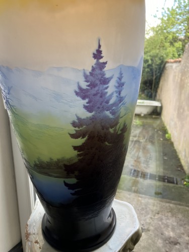 Antiquités - Gallé - Grand vase paysage vosgien ligne bleue des Vosges