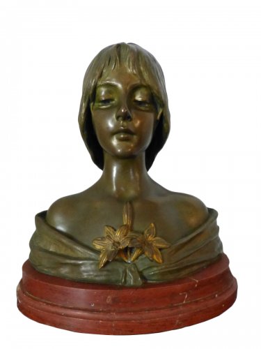 Emmanuel Villanis (1858-1914) - Jeune fille aux Lys, buste en bronze Art Nouveau