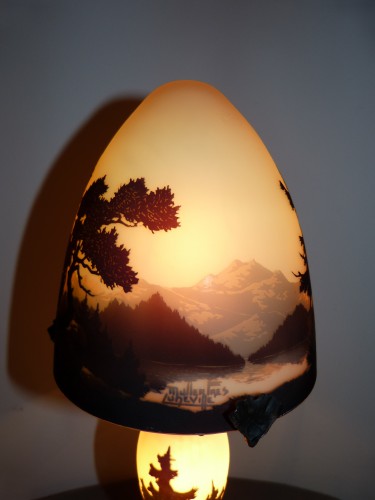 Müller Frères Luneville Lampe champignon Art nouveau au paysage vosgien - Luminaires Style Art nouveau