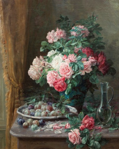 Furcy de Lavault (1847-1915) - Nature morte de roses et de prunes - Tableaux et dessins Style Napoléon III