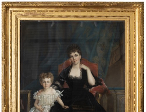 Tableaux et dessins Dessin, Aquarelle & Pastel - Portrait de famille de la duchesse de Lyunes et de Chevreuse - Pastel Monogramme C.C et daté 1877
