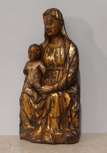 Vierge à l'Enfant en Majesté en bois polychrome d'époque XVe - Sculpture Style Moyen Âge