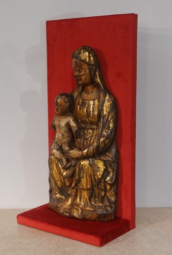 Antiquités - Vierge à l'Enfant en Majesté en bois polychrome d'époque XVe