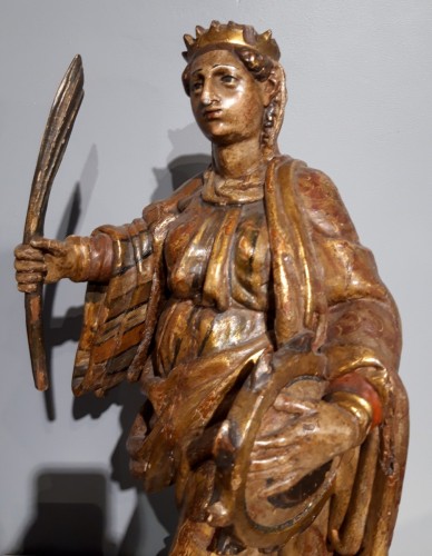 Sculpture Sculpture en Bois - Sainte Catherine d'Alexandrie et Sainte Barbe - Espagne XVIIe siècle