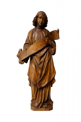 Ange « au phylactère » en bois sculpté d'époque XVIe