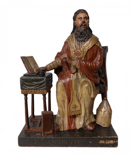 Saint Ambroise en bois sculpté polychrome d'époque fin XVIIIe