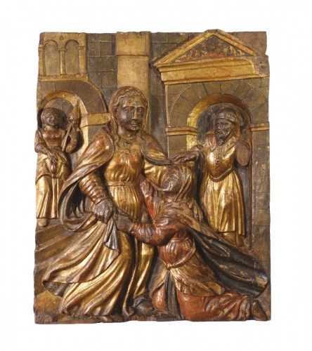Bas relief représentant « La Visitation » en bois polychrome, d'époque début XVIIe