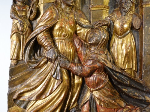 Sculpture Sculpture en Bois - Bas relief représentant « La Visitation » en bois polychrome, d'époque début XVIIe