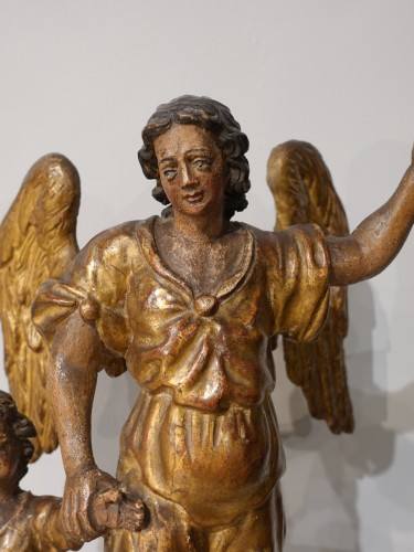 Sculpture Sculpture en Bois - Groupe statuaire « Tobie et l'Archange Raphaël » fin 17e