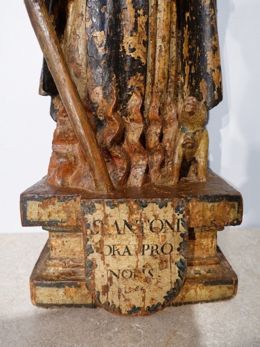 Antiquités - Saint Antoine ermite en bois sculpté et polychrome Époque XVIIe