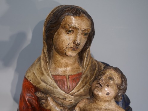 Vierge à l'enfant en bois sculpté et polychrome d'époque XVIIIe - Gérardin et Cie